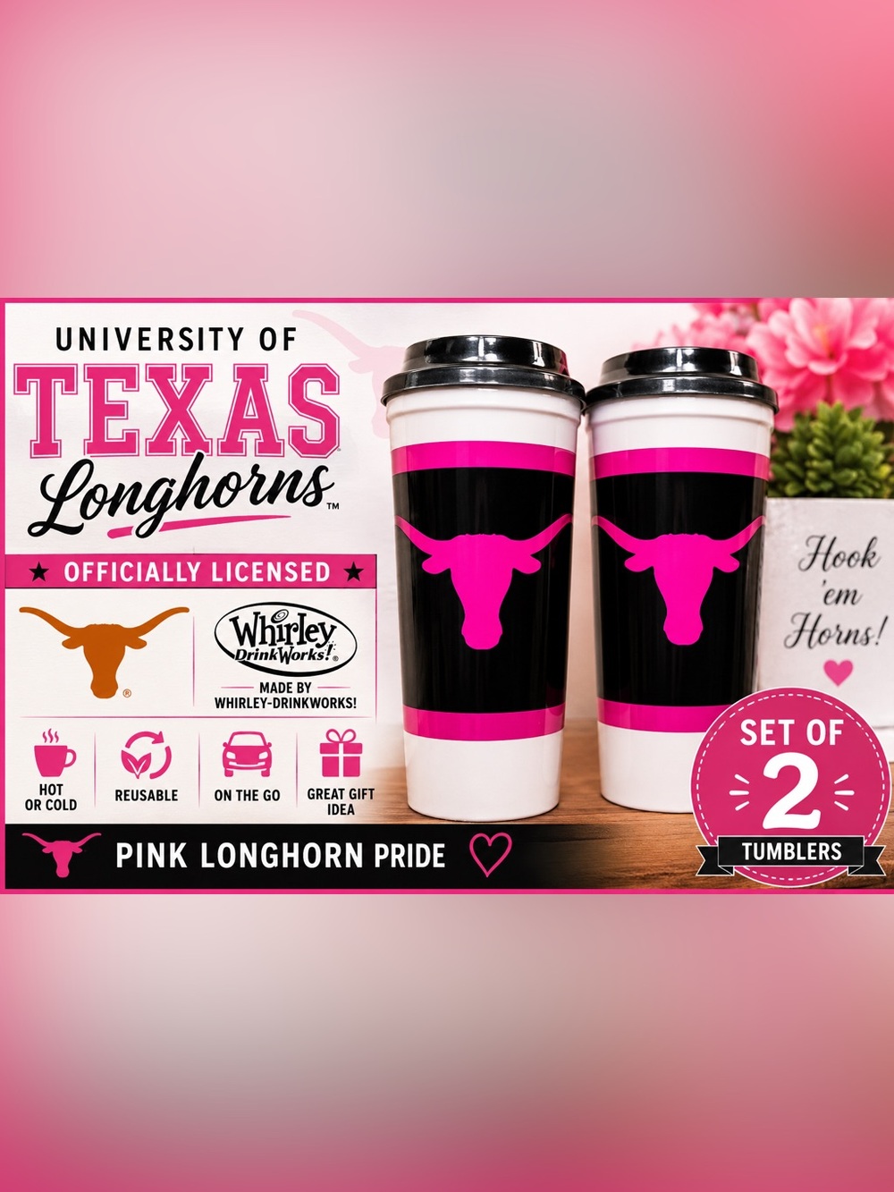 2- University of Texas Longhorns Officially Licensed Pink Travel Tumblers - Picture 1 of 3